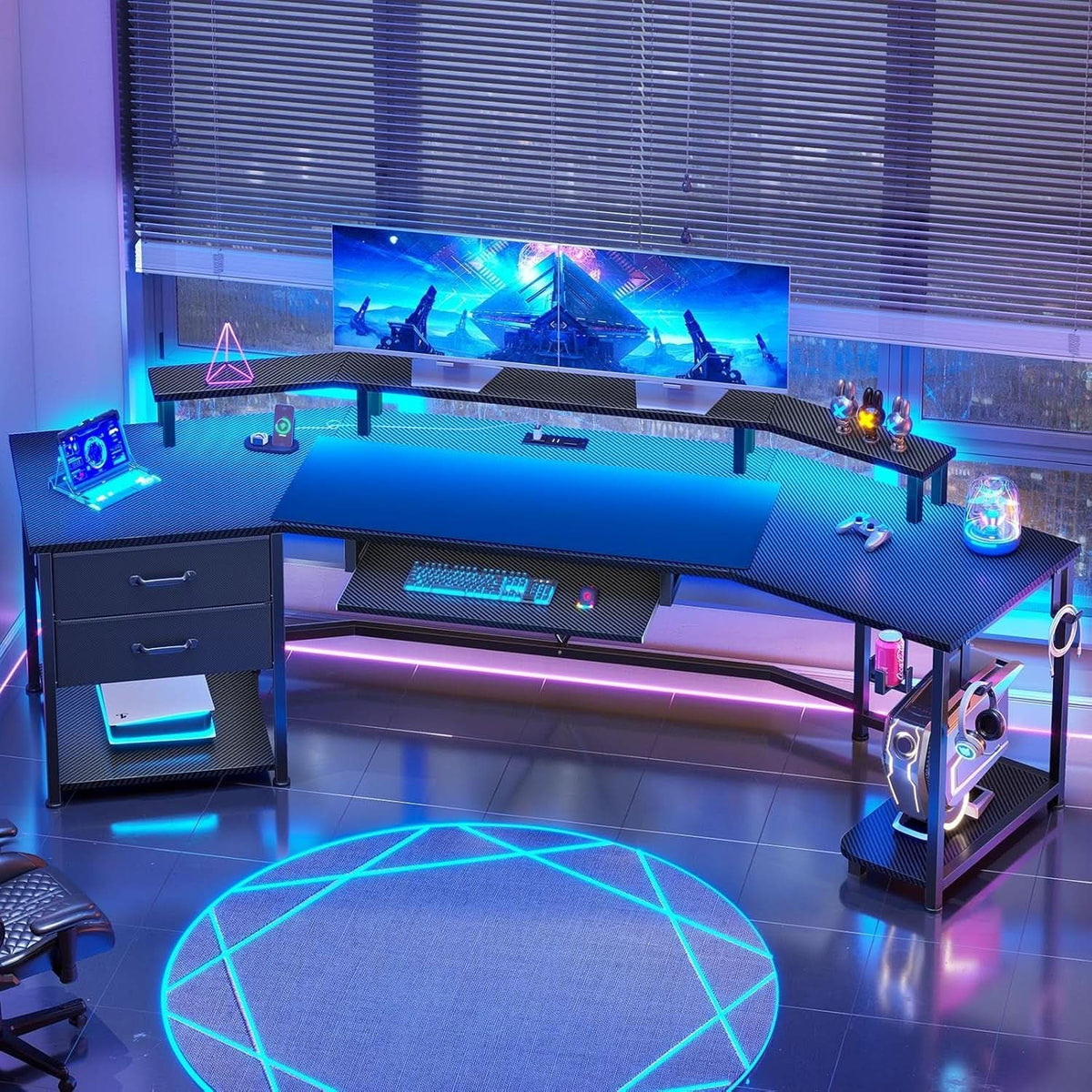 Gaming-Schreibtisch XXL 201 cm mit LED-Beleuchtung, Steckdosen & Stauraum