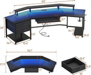 Gaming-Schreibtisch XXL 201 cm mit LED-Beleuchtung, Steckdosen & Stauraum