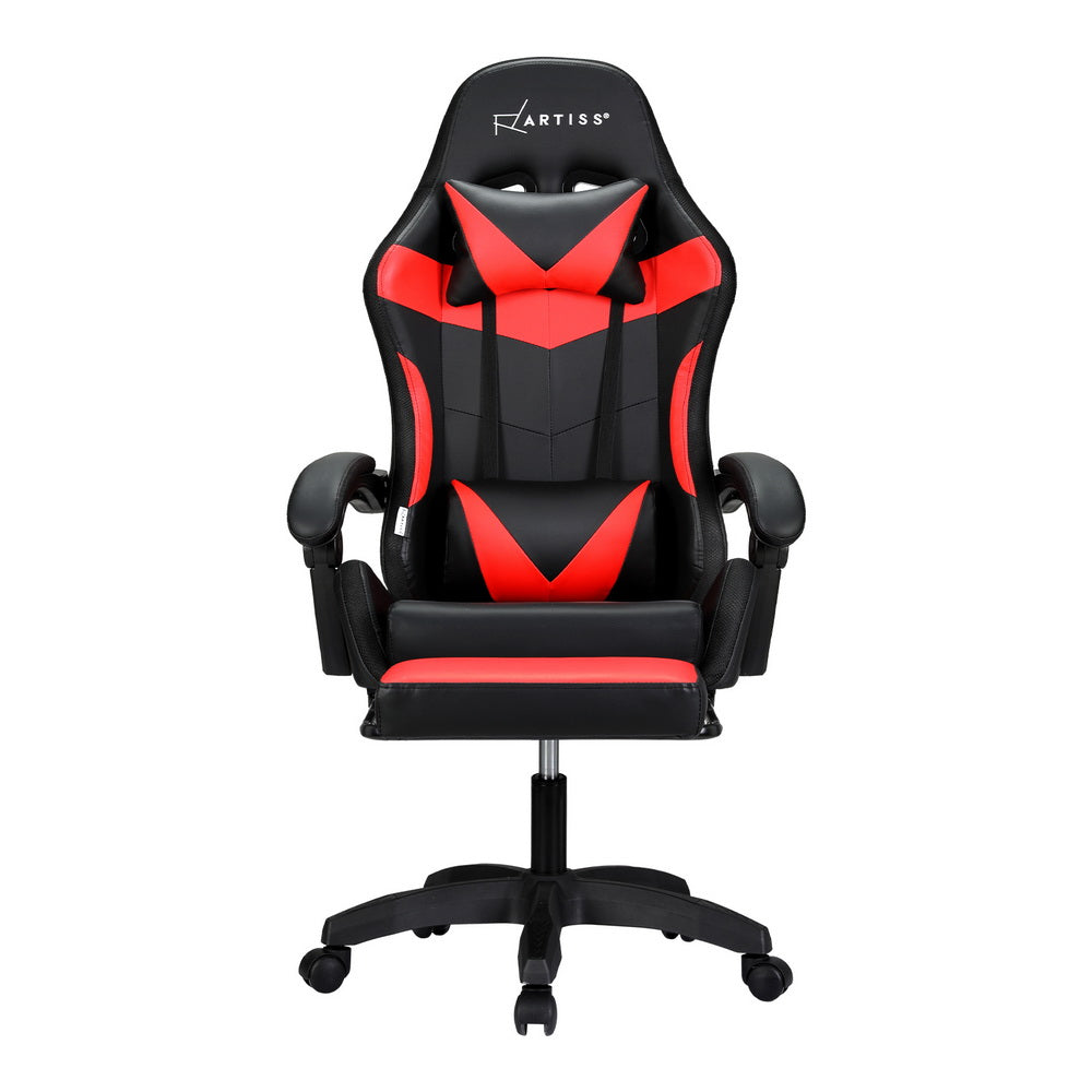 Artiss Massage-Gaming-Stuhl & Bürostuhl – 6-Punkt-Vibrationsmassage, 7 LED-Farben, Fußstütze – Rot