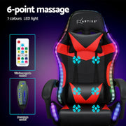 Artiss Massage-Gaming-Stuhl & Bürostuhl – 6-Punkt-Vibrationsmassage, 7 LED-Farben, Fußstütze – Rot