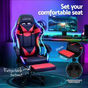 Artiss Massage-Gaming-Stuhl & Bürostuhl – 6-Punkt-Vibrationsmassage, 7 LED-Farben, Fußstütze – Rot