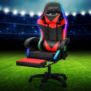 Artiss Massage-Gaming-Stuhl & Bürostuhl – 6-Punkt-Vibrationsmassage, 7 LED-Farben, Fußstütze – Rot