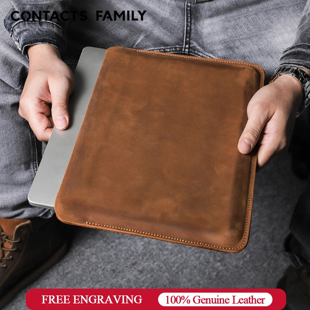 CONTACTS FAMILY Premium Laptop Sleeve aus echtem Rindsleder – 13–16" | Personalisierbare Ledertasche für MacBook Pro/Air, Dell, HP & Notebooks