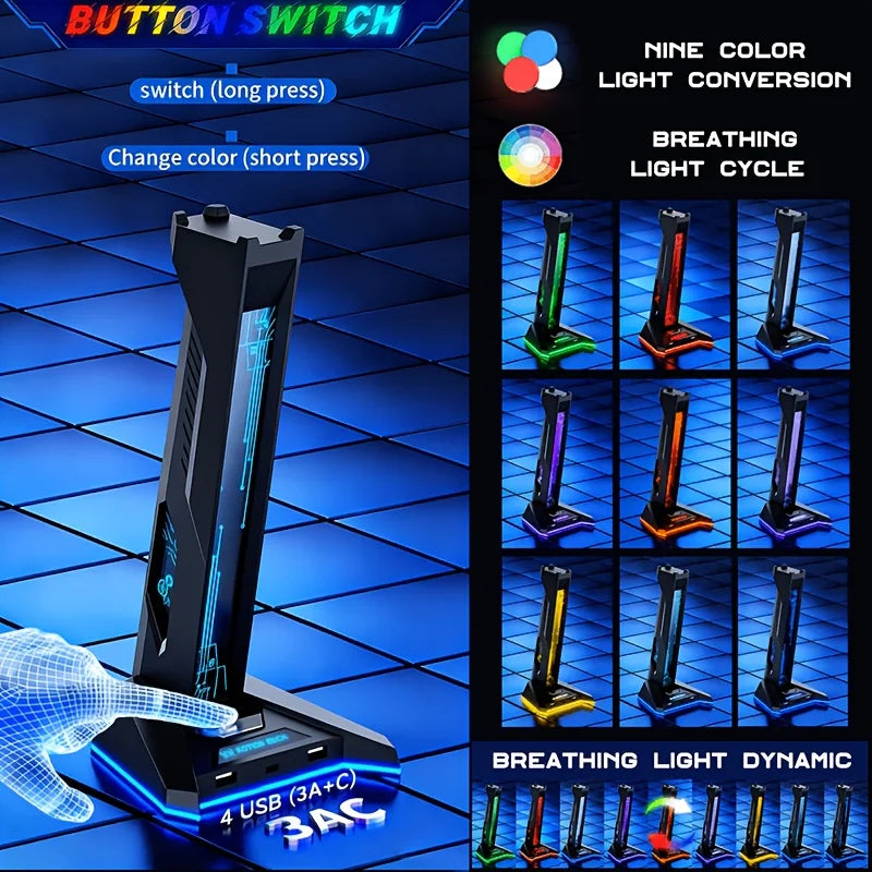 2-in-1 RGB Gaming Headset-Ständer mit 4-Port USB-Hub – Kopfhörerhalter mit 3× USB-A & USB-C | 9-Farben-RGB, Anti-Rutsch-Basis & Kabelmanagement