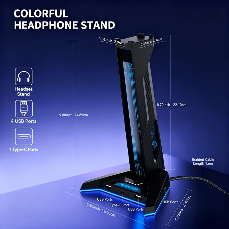 2-in-1 RGB Gaming Headset-Ständer mit 4-Port USB-Hub – Kopfhörerhalter mit 3× USB-A & USB-C | 9-Farben-RGB, Anti-Rutsch-Basis & Kabelmanagement
