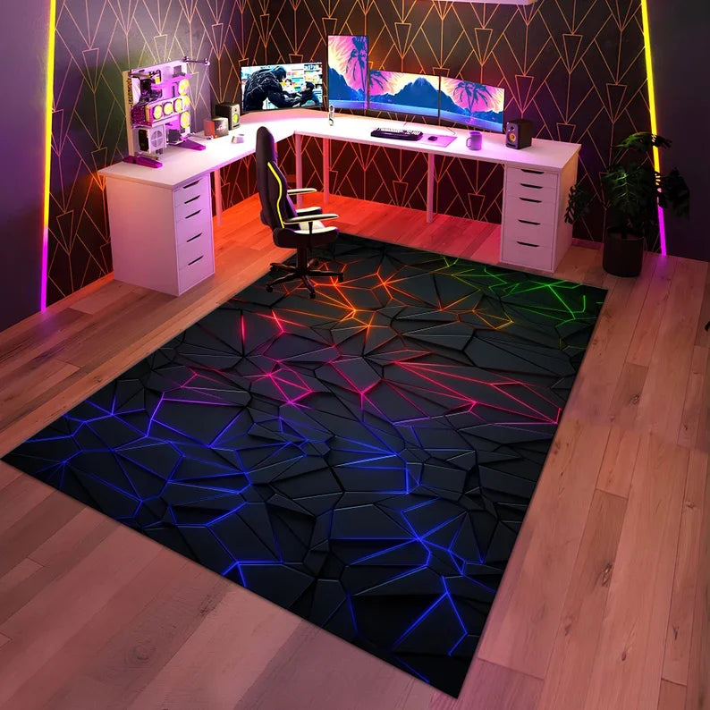 Gaming Teppich Neon – Moderner Rutschfester Gamer Rug mit geometrischem Design | Gaming-Zimmer Deko & Geschenk für Gamer