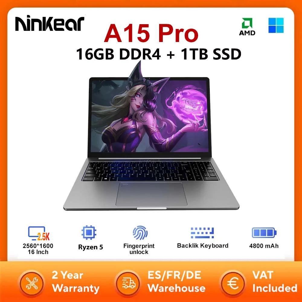 Ninkear A15 Pro 16" 2.5K Laptop – AMD Ryzen 5 5500U | 16 GB RAM | 1 TB NVMe SSD | 120-Hz-Display | Windows 11, Wi-Fi 6 & Fingerabdrucksensor