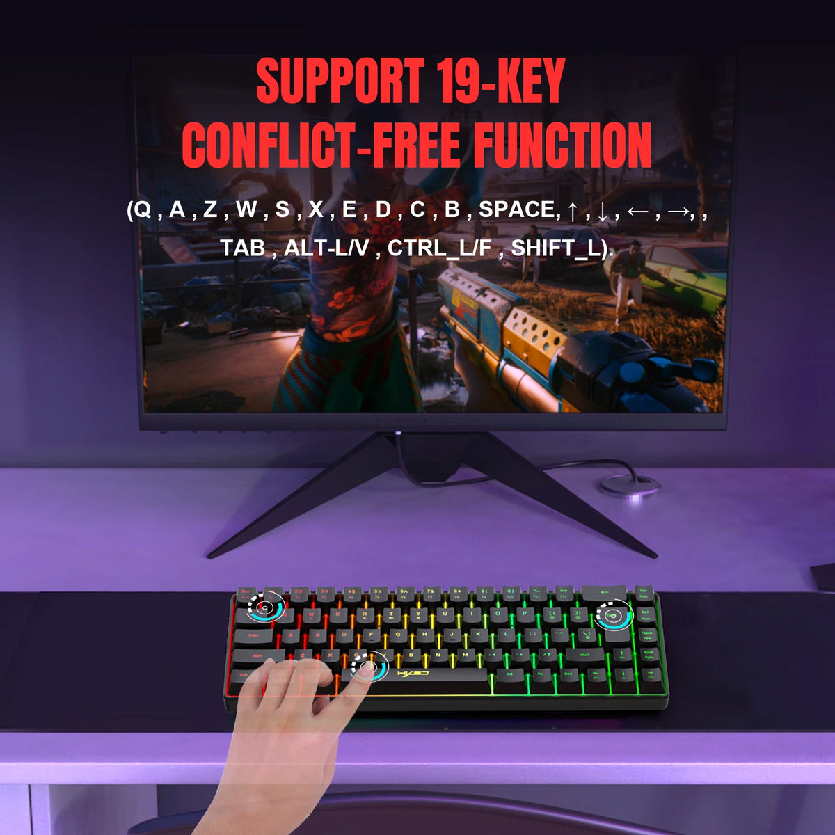 RGB Gaming Tastatur mit 68 Tasten – Kabelgebundenes USB-Keyboard mit 20 RGB-Beleuchtungsmodi | Kompakt & tragbar für Windows PC und Laptop