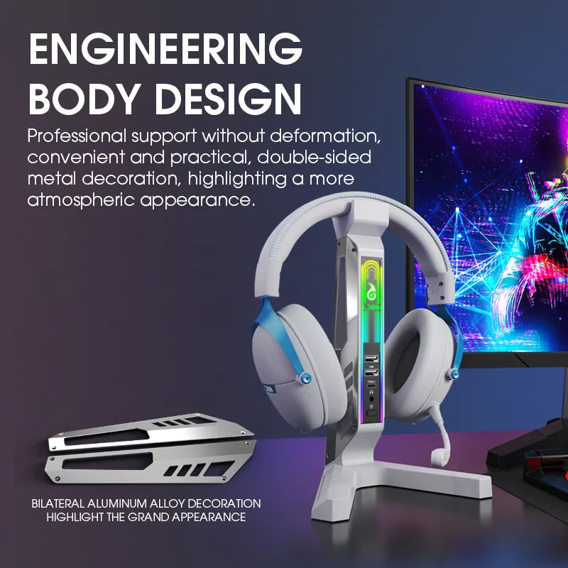 RGB Gaming Headset-Ständer mit USB-Hub – Kopfhörerhalter mit 11 LED-Lichteffekten, 2× USB-A, USB-C & 3,5-mm-Audio | Rutschfeste Metallbasis