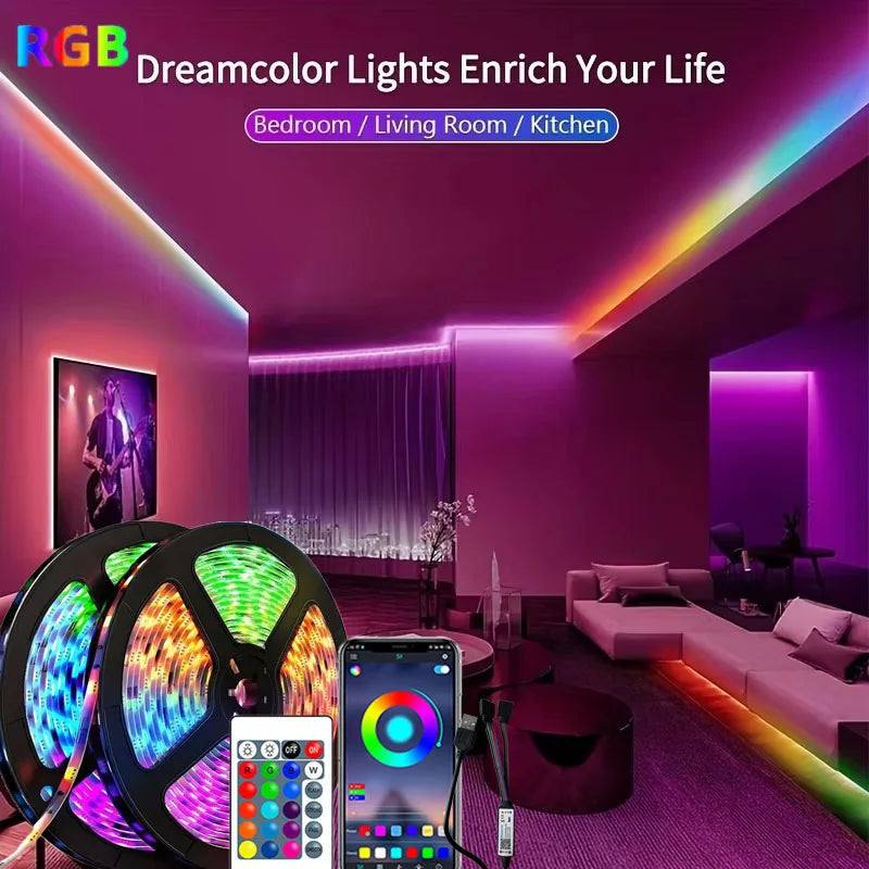 RGB LED-Strip 1–30 m – USB 5V Lichtband mit Bluetooth-App & 24-Tasten-Fernbedienung | Farbwechsel & Timer für Gaming-Zimmer, TV & Wohnbereich