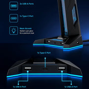 2-in-1 RGB Gaming Headset-Ständer mit 4-Port USB-Hub – Kopfhörerhalter mit 3× USB-A & USB-C | 9-Farben-RGB, Anti-Rutsch-Basis & Kabelmanagement