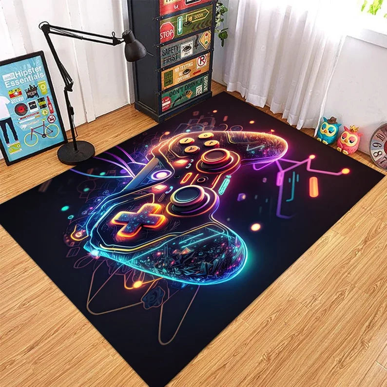 Gaming Teppich Neon – Moderner Rutschfester Gamer Rug mit geometrischem Design | Gaming-Zimmer Deko & Geschenk für Gamer