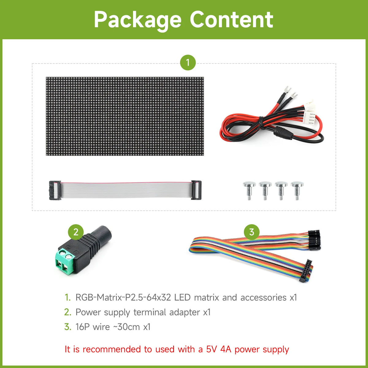 Waveshare RGB LED-Matrix-Panel 64 × 32 Pixel – 2,5 mm Pixelabstand | 2048 LEDs | Helligkeit einstellbar | Standard- oder GOB-Version