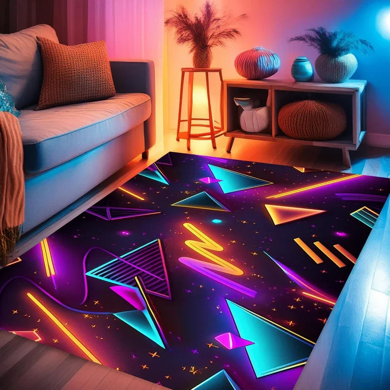 Gaming Teppich Neon – Moderner Rutschfester Gamer Rug mit geometrischem Design | Gaming-Zimmer Deko & Geschenk für Gamer