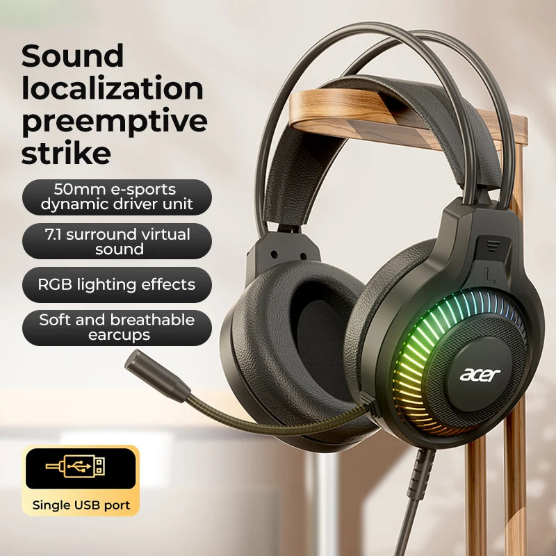 Acer OHW303 RGB Gaming-Headset – Kabelgebundene Kopfhörer mit Mikrofon, RGB-Beleuchtung & komfortablen Ohrpolstern | Gaming-Headset für PC