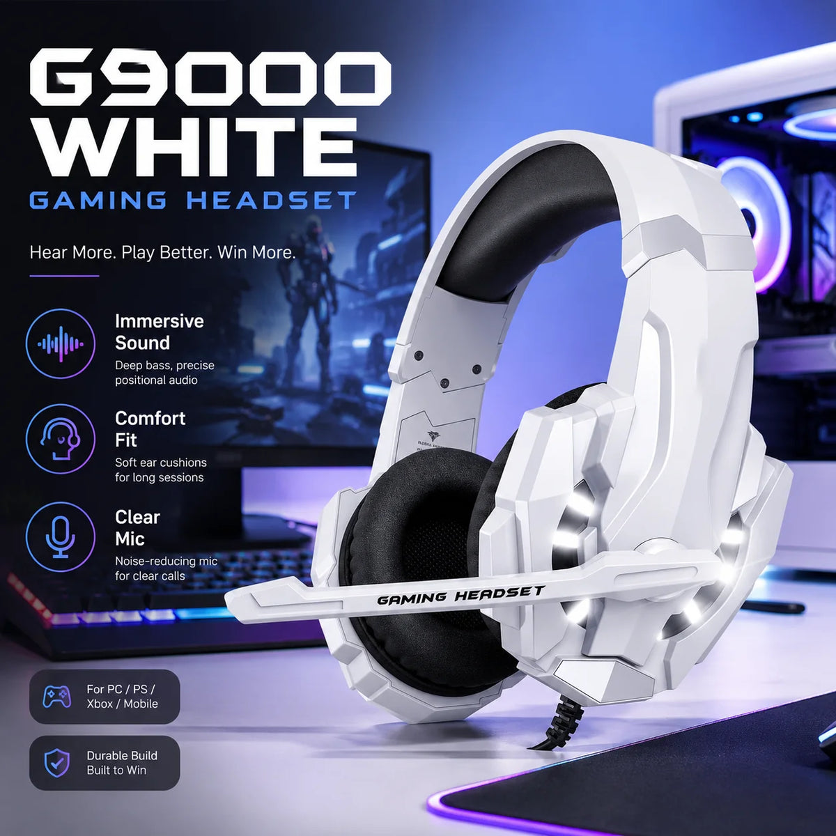 G9000 White RGB Gaming-Headset – Kabelgebundene Over-Ear-Kopfhörer mit Mikrofon & Stereo-Bass | Für PC, PS4, PS5, Xbox & Nintendo Switch