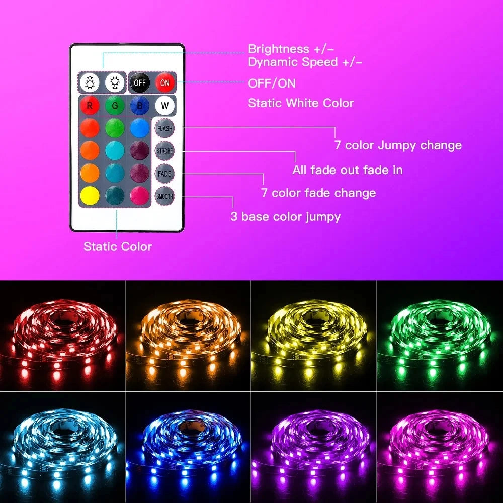 RGB LED-Strip 1–30 m – USB 5V Lichtband mit Bluetooth-App & 24-Tasten-Fernbedienung | Farbwechsel & Timer für Gaming-Zimmer, TV & Wohnbereich
