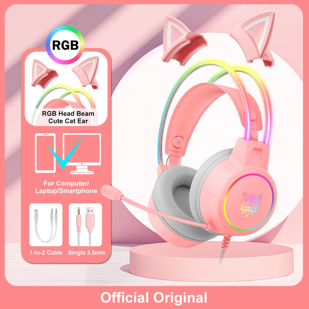 ONIKUMA RGB Gaming-Headset mit oder ohne Ohren und Ständer – Kabelgebundene Kopfhörer mit 50-mm-Treibern & flexiblem HD-Mikrofon | 3,5-mm-Headset für PC, PS4, PS5, Xbox & Nintendo Switch