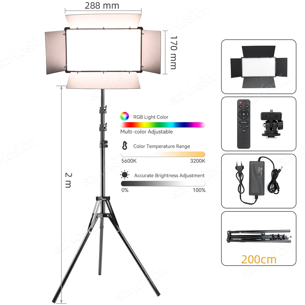 SZKOSTON RGB LED Videoleuchte – 728 LEDs, 0–100 % dimmbar | Foto- & Studio-Licht für YouTube, Streaming & Content Creation