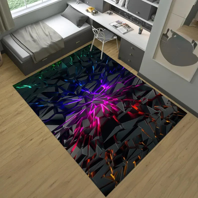 Gaming Teppich Neon – Moderner Rutschfester Gamer Rug mit geometrischem Design | Gaming-Zimmer Deko & Geschenk für Gamer