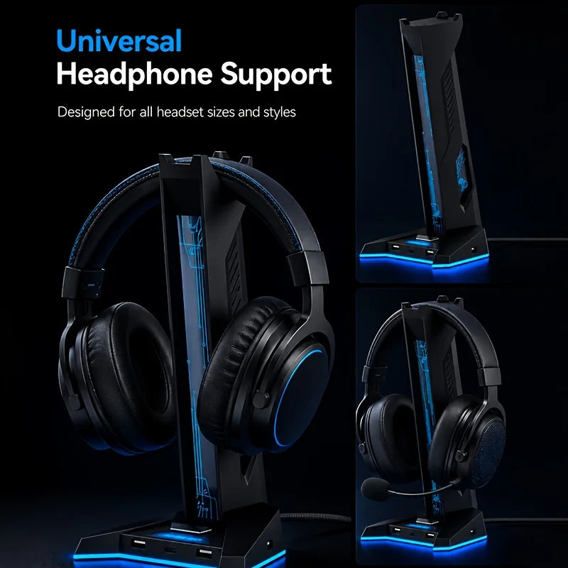2-in-1 RGB Gaming Headset-Ständer mit 4-Port USB-Hub – Kopfhörerhalter mit 3× USB-A & USB-C | 9-Farben-RGB, Anti-Rutsch-Basis & Kabelmanagement