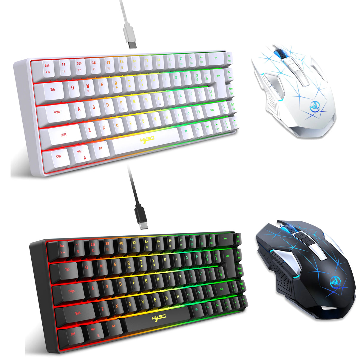 RGB Gaming Tastatur & Maus Set – 68-Tasten Mini Keyboard + kabellose 2400-DPI Gaming-Maus
