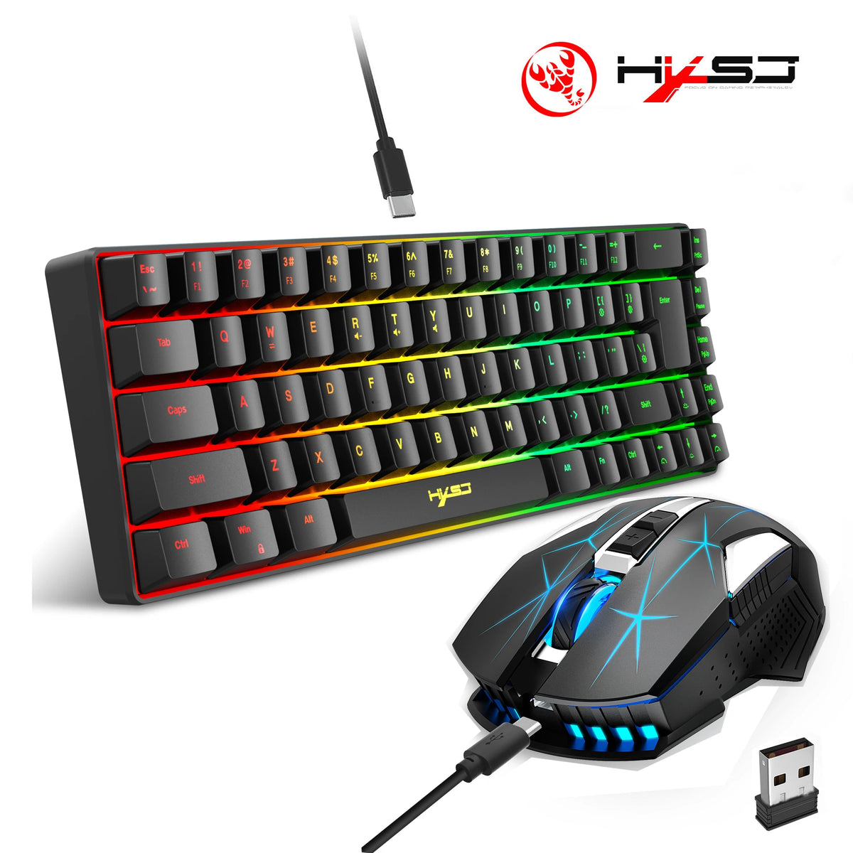 RGB Gaming Tastatur & Maus Set – 68-Tasten Mini Keyboard + kabellose 2400-DPI Gaming-Maus