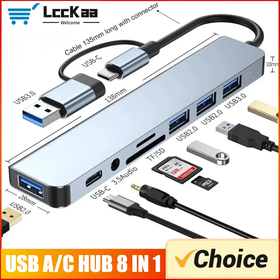 LccKaa 7-in-1 / 8-in-1 USB-C Hub – Multiport Adapter mit USB 3.0 | High-Speed Datenübertragung für Laptop, Tablet & Smartphone
