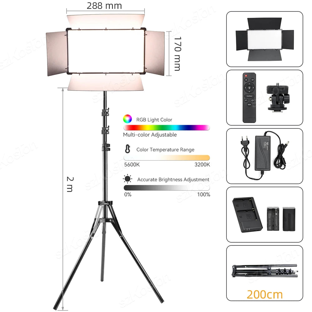 SZKOSTON RGB LED Videoleuchte – 728 LEDs, 0–100 % dimmbar | Foto- & Studio-Licht für YouTube, Streaming & Content Creation