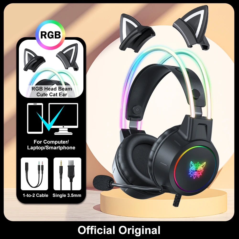 ONIKUMA RGB Gaming-Headset mit oder ohne Ohren und Ständer – Kabelgebundene Kopfhörer mit 50-mm-Treibern & flexiblem HD-Mikrofon | 3,5-mm-Headset für PC, PS4, PS5, Xbox & Nintendo Switch