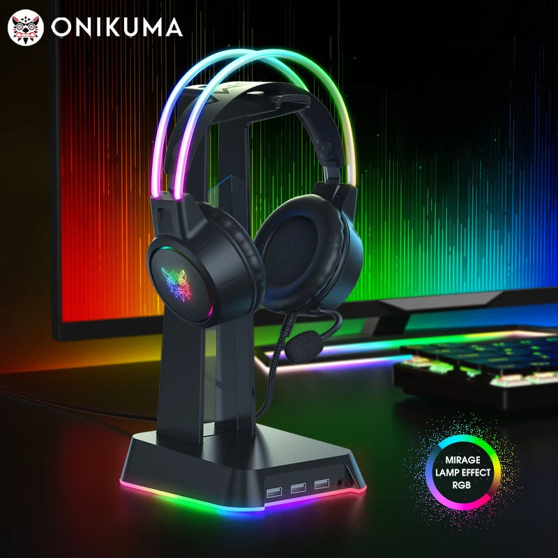 ONIKUMA RGB Gaming-Headset mit oder ohne Ohren und Ständer – Kabelgebundene Kopfhörer mit 50-mm-Treibern & flexiblem HD-Mikrofon | 3,5-mm-Headset für PC, PS4, PS5, Xbox & Nintendo Switch