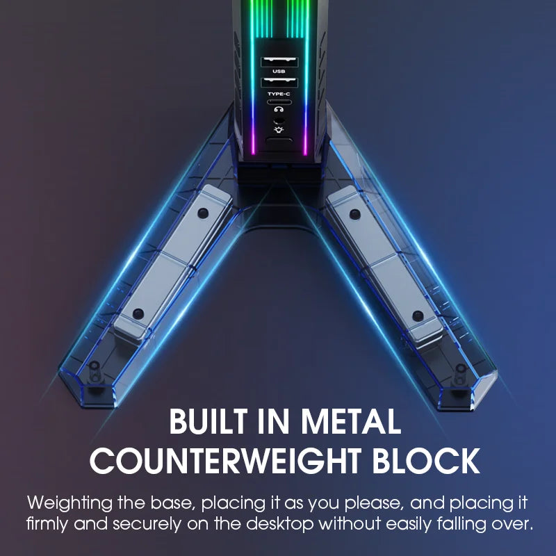RGB Gaming Headset-Ständer mit USB-Hub – Kopfhörerhalter mit 11 LED-Lichteffekten, 2× USB-A, USB-C & 3,5-mm-Audio | Rutschfeste Metallbasis