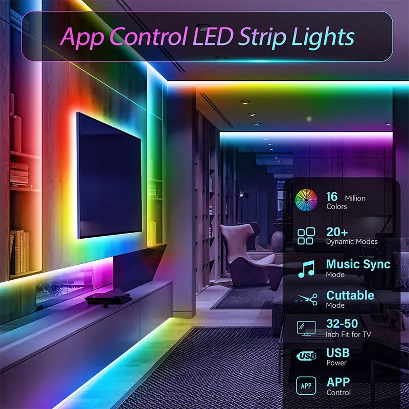 USB RGB LED-Strip mit App & Fernbedienung – 5V LED-Lichtband mit Farbwechsel, Timer & Musikmodus | Gaming-Zimmer, TV & Party-Beleuchtung