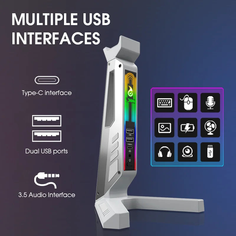 RGB Gaming Headset-Ständer mit USB-Hub – Kopfhörerhalter mit 11 LED-Lichteffekten, 2× USB-A, USB-C & 3,5-mm-Audio | Rutschfeste Metallbasis