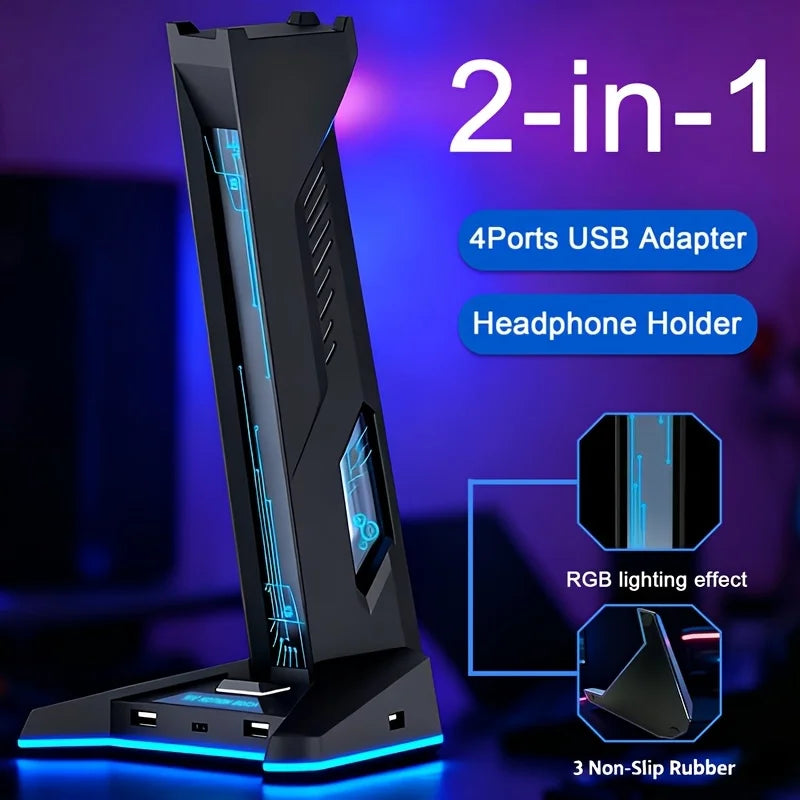 2-in-1 RGB Gaming Headset-Ständer mit 4-Port USB-Hub – Kopfhörerhalter mit 3× USB-A & USB-C | 9-Farben-RGB, Anti-Rutsch-Basis & Kabelmanagement