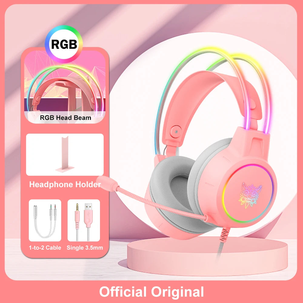 ONIKUMA RGB Gaming-Headset mit oder ohne Ohren und Ständer – Kabelgebundene Kopfhörer mit 50-mm-Treibern & flexiblem HD-Mikrofon | 3,5-mm-Headset für PC, PS4, PS5, Xbox & Nintendo Switch