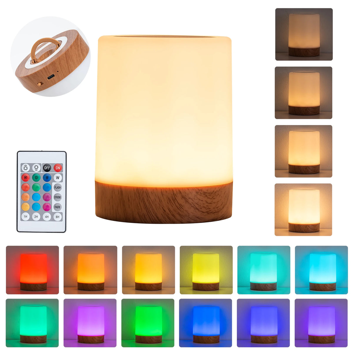 RGB LED Nachttischlampe mit 16 Farben – Wiederaufladbare Touch-Leuchte mit Fernbedienung, 3 Lichtmodi & Timer | USB Ambientelicht für Gaming, Schlafzimmer & Schreibtisch