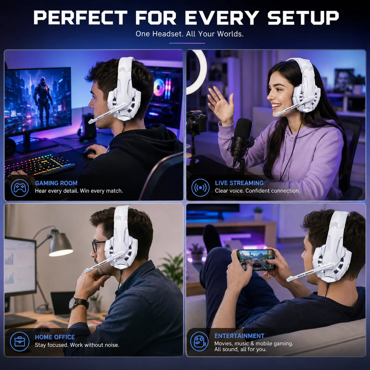 G9000 White RGB Gaming-Headset – Kabelgebundene Over-Ear-Kopfhörer mit Mikrofon & Stereo-Bass | Für PC, PS4, PS5, Xbox & Nintendo Switch