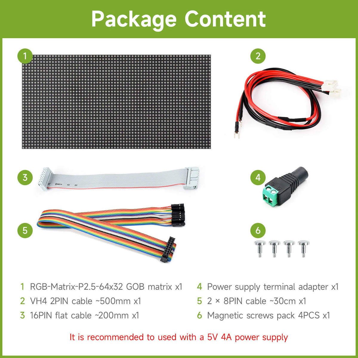 Waveshare RGB LED-Matrix-Panel 64 × 32 Pixel – 2,5 mm Pixelabstand | 2048 LEDs | Helligkeit einstellbar | Standard- oder GOB-Version