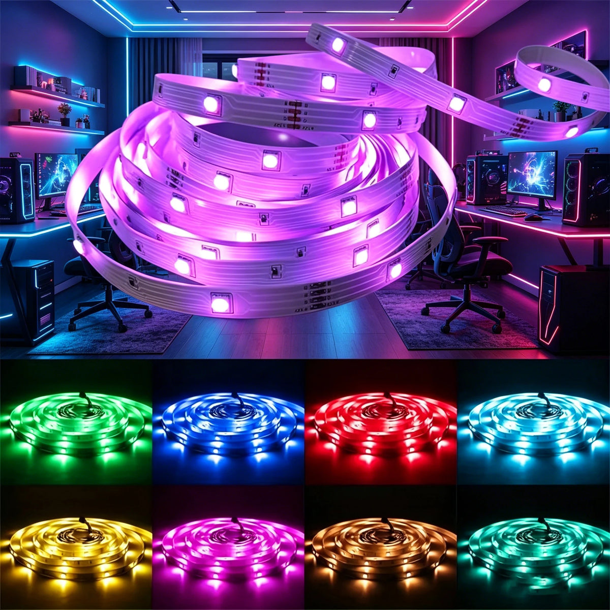 RGB LED-Strip mit Batteriebetrieb – Flexible LED-Hintergrundbeleuchtung mit 24-Tasten-Fernbedienung | Farbwechsel für Gaming-Zimmer, TV & Wohnbereich