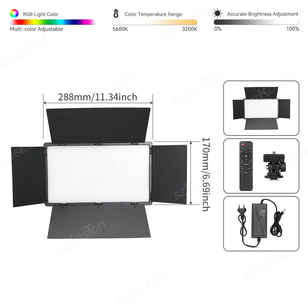 SZKOSTON RGB LED Videoleuchte – 728 LEDs, 0–100 % dimmbar | Foto- & Studio-Licht für YouTube, Streaming & Content Creation