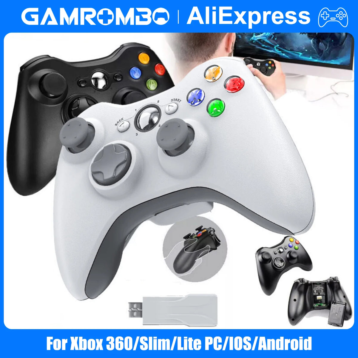 GAMROMBO Gaming Controller – Ergonomisches Gamepad für Xbox 360, Xbox 360 Slim & PC | Kabelgebunden oder Wireless