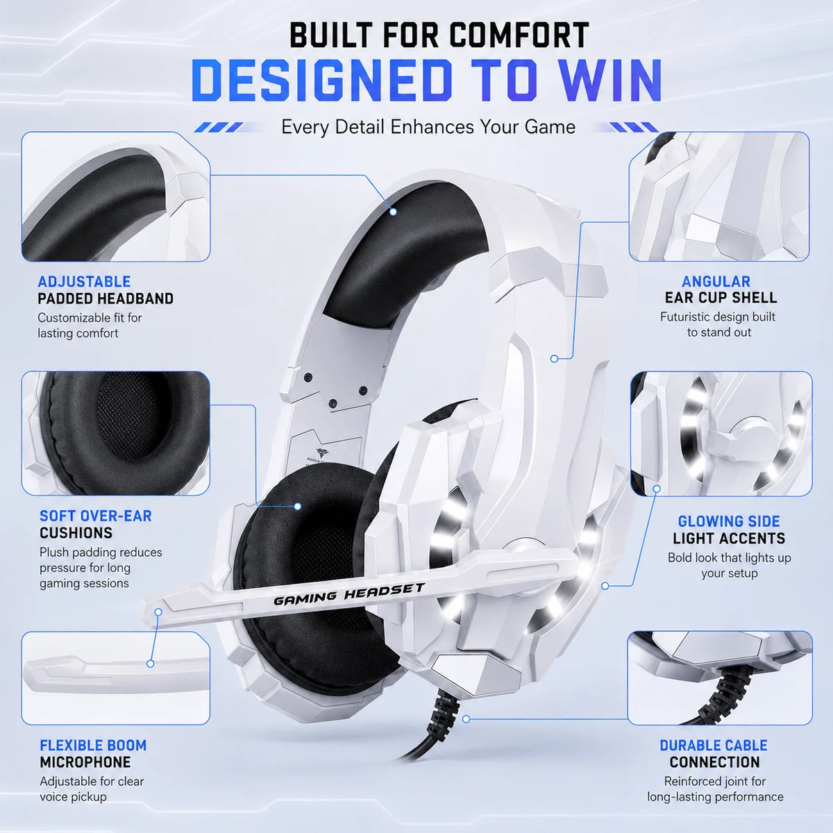 G9000 White RGB Gaming-Headset – Kabelgebundene Over-Ear-Kopfhörer mit Mikrofon & Stereo-Bass | Für PC, PS4, PS5, Xbox & Nintendo Switch