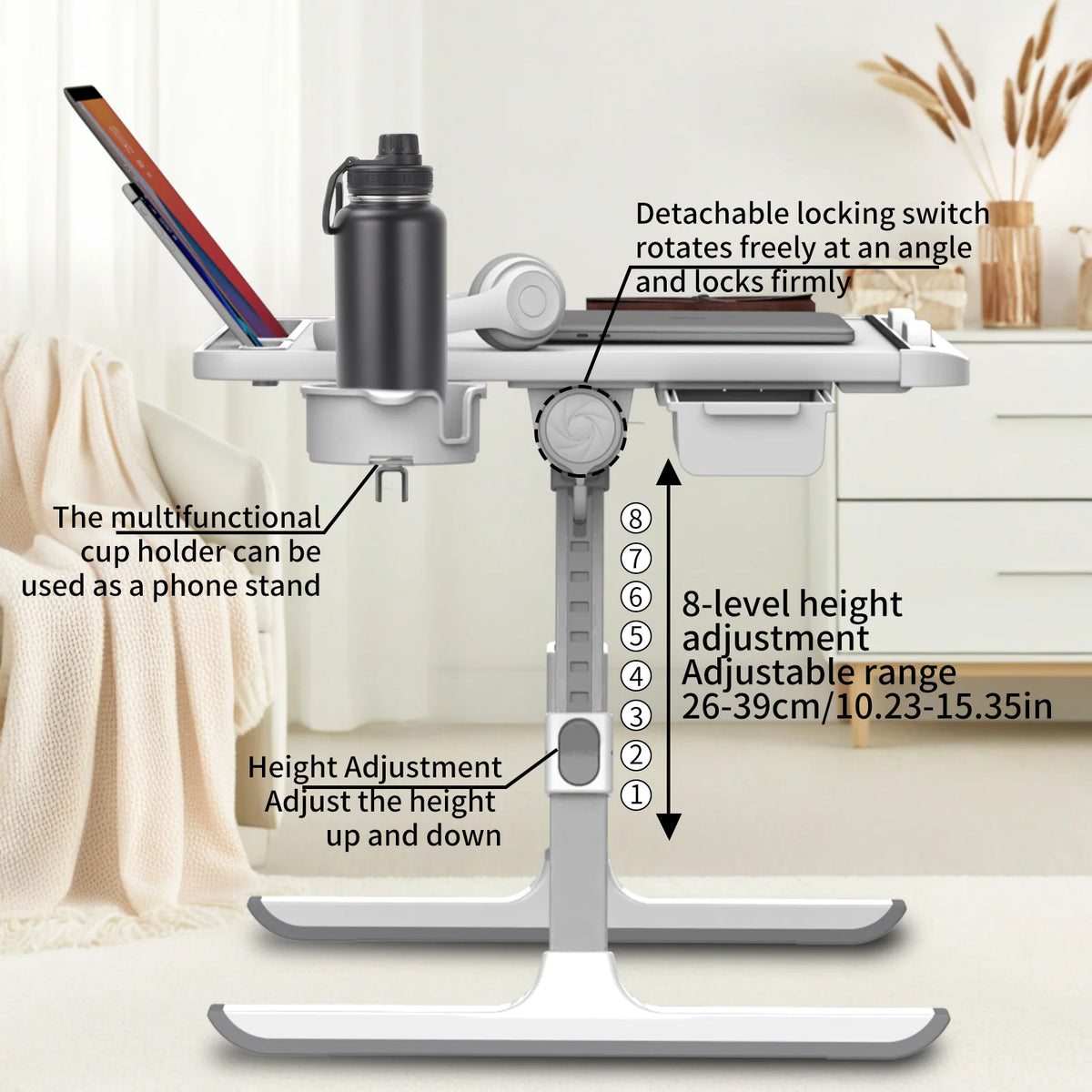 HGTUGO Faltbarer Laptop-Tisch – Höhenverstellbar & Neigbar | Ergonomischer Betttisch mit Getränkehalter & Schublade | Für Bett, Sofa & Homeoffice