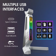 RGB Gaming Headset-Ständer mit USB-Hub – Kopfhörerhalter mit 11 LED-Lichteffekten, 2× USB-A, USB-C & 3,5-mm-Audio | Rutschfeste Metallbasis
