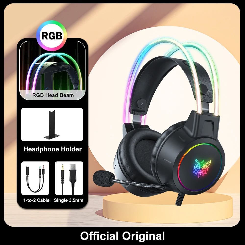 ONIKUMA RGB Gaming-Headset mit oder ohne Ohren und Ständer – Kabelgebundene Kopfhörer mit 50-mm-Treibern & flexiblem HD-Mikrofon | 3,5-mm-Headset für PC, PS4, PS5, Xbox & Nintendo Switch
