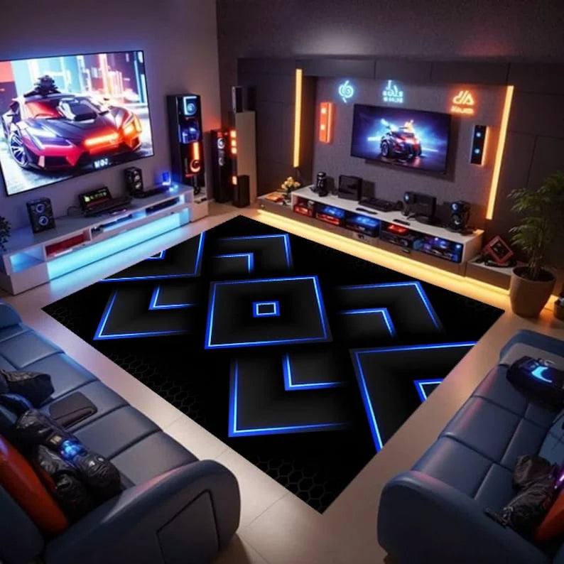 Gaming Teppich Neon – Moderner Rutschfester Gamer Rug mit geometrischem Design | Gaming-Zimmer Deko & Geschenk für Gamer