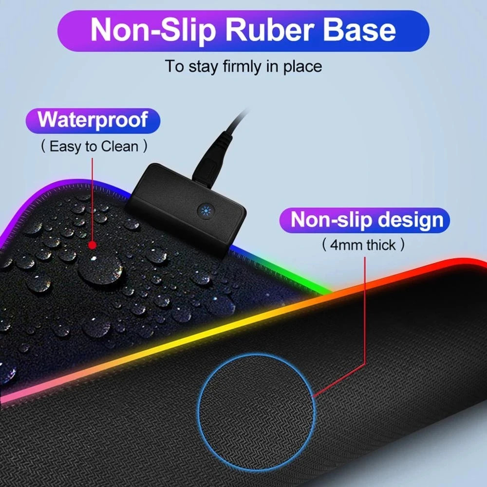 RGB Gaming Mauspad – Großes LED Deskpad mit 8 Lichtmodi, wasserabweisender Oberfläche & rutschfester Gummibasis | Gaming Mousepad für PC & Laptop