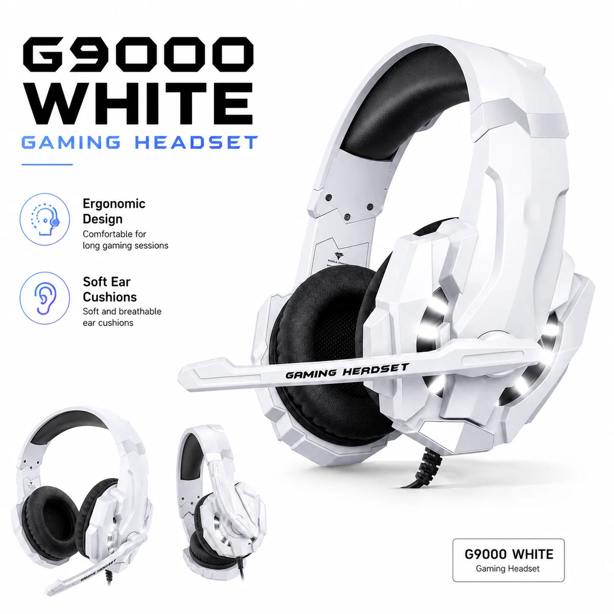 G9000 White RGB Gaming-Headset – Kabelgebundene Over-Ear-Kopfhörer mit Mikrofon & Stereo-Bass | Für PC, PS4, PS5, Xbox & Nintendo Switch