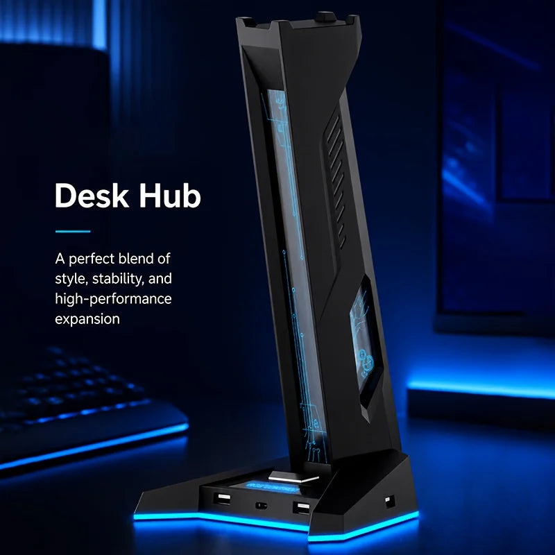 2-in-1 RGB Gaming Headset-Ständer mit 4-Port USB-Hub – Kopfhörerhalter mit 3× USB-A & USB-C | 9-Farben-RGB, Anti-Rutsch-Basis & Kabelmanagement